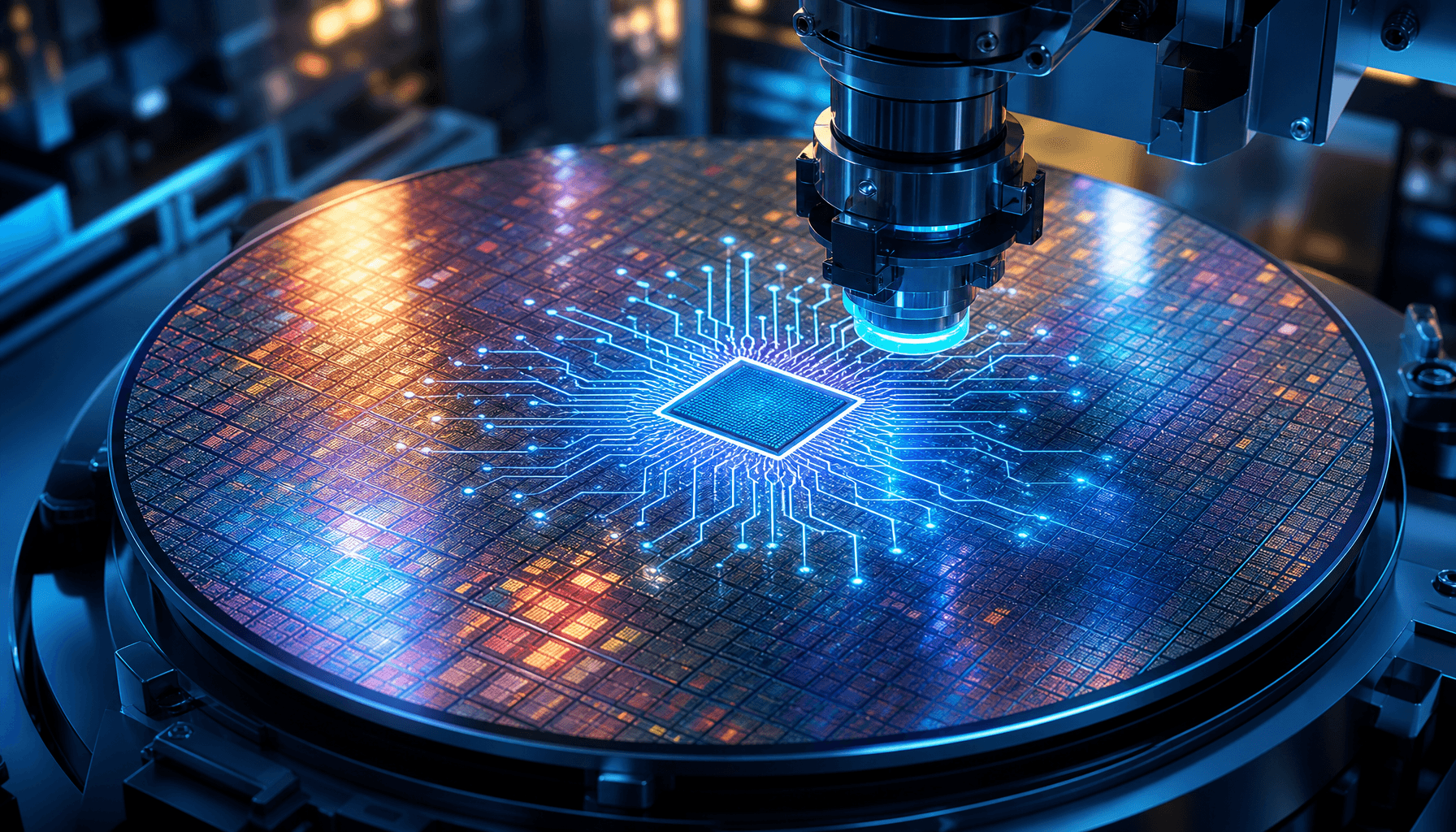 A high-tech digital render of a semiconductor wafer with glowing circuit patterns, representing adva