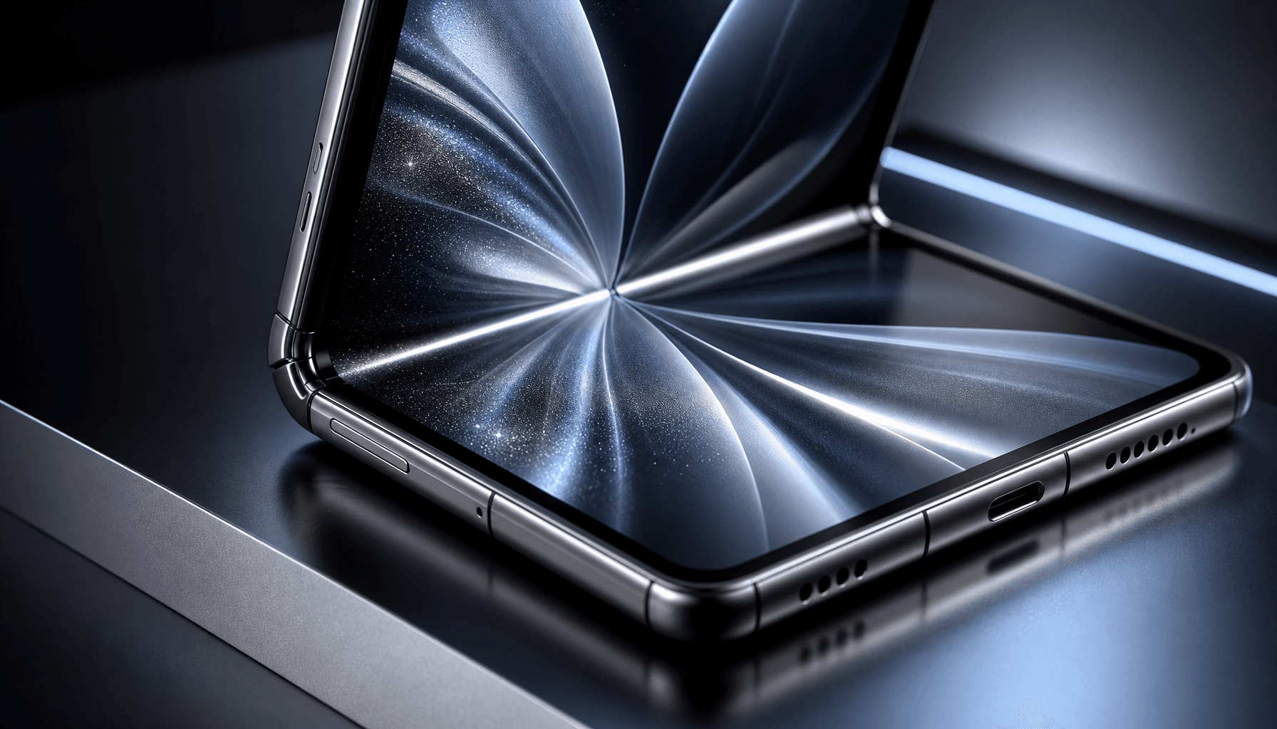 A close-up of a sleek foldable smartphone screen partially folded, glowing metallic titanium texture