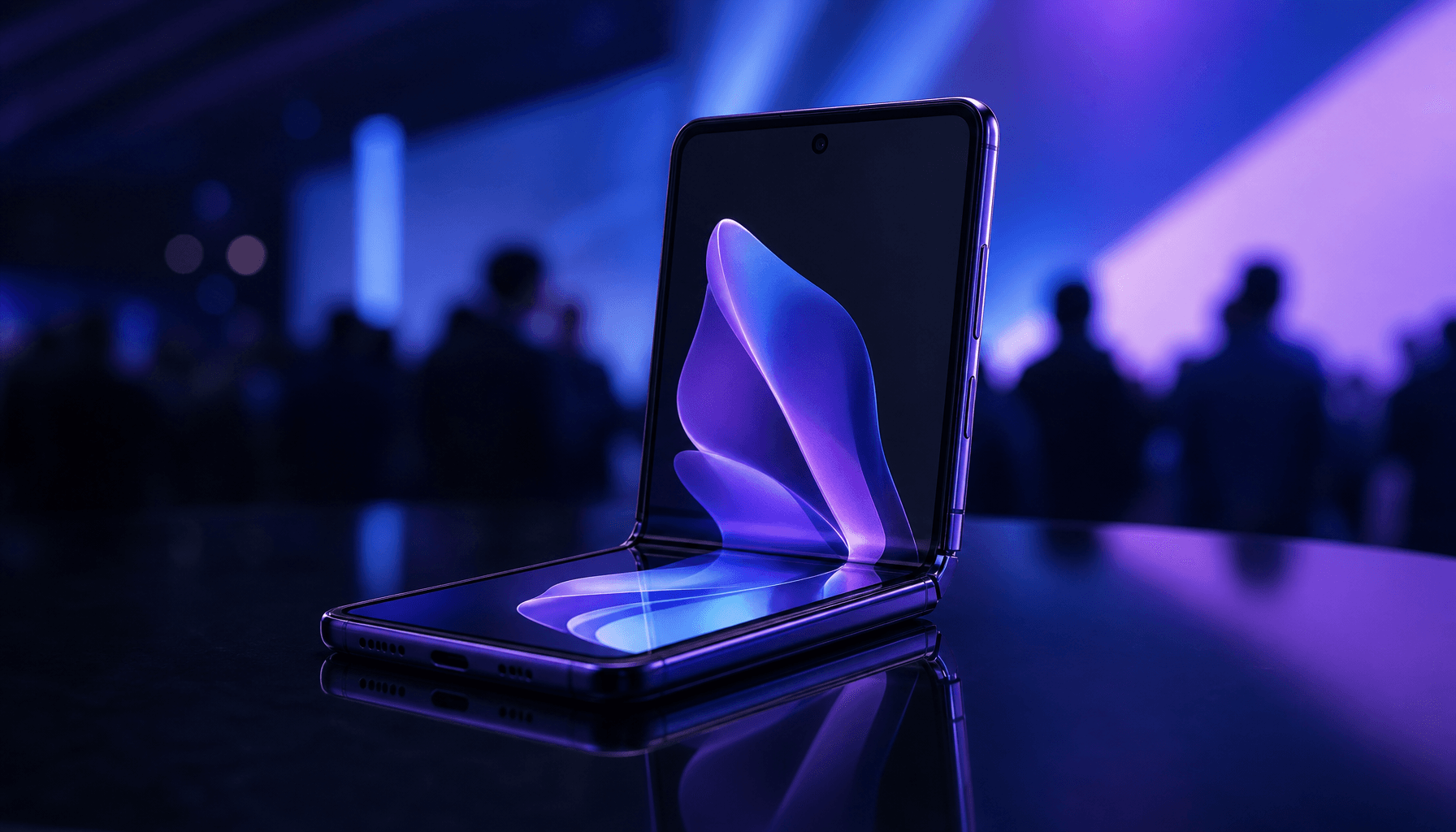 A stylish, sleek foldable smartphone half-unfolded on a dark, reflective surface, dramatic blue and