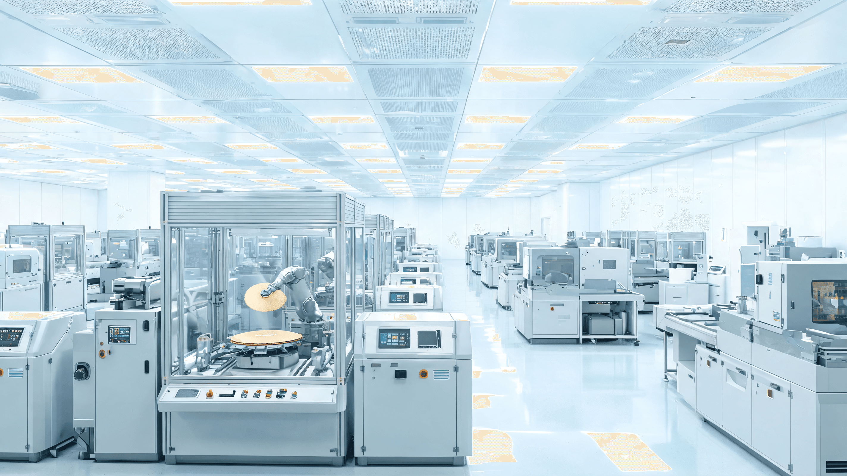 A clean, modern image of a high-tech semiconductor cleanroom at a Samsung facility, with focus on au