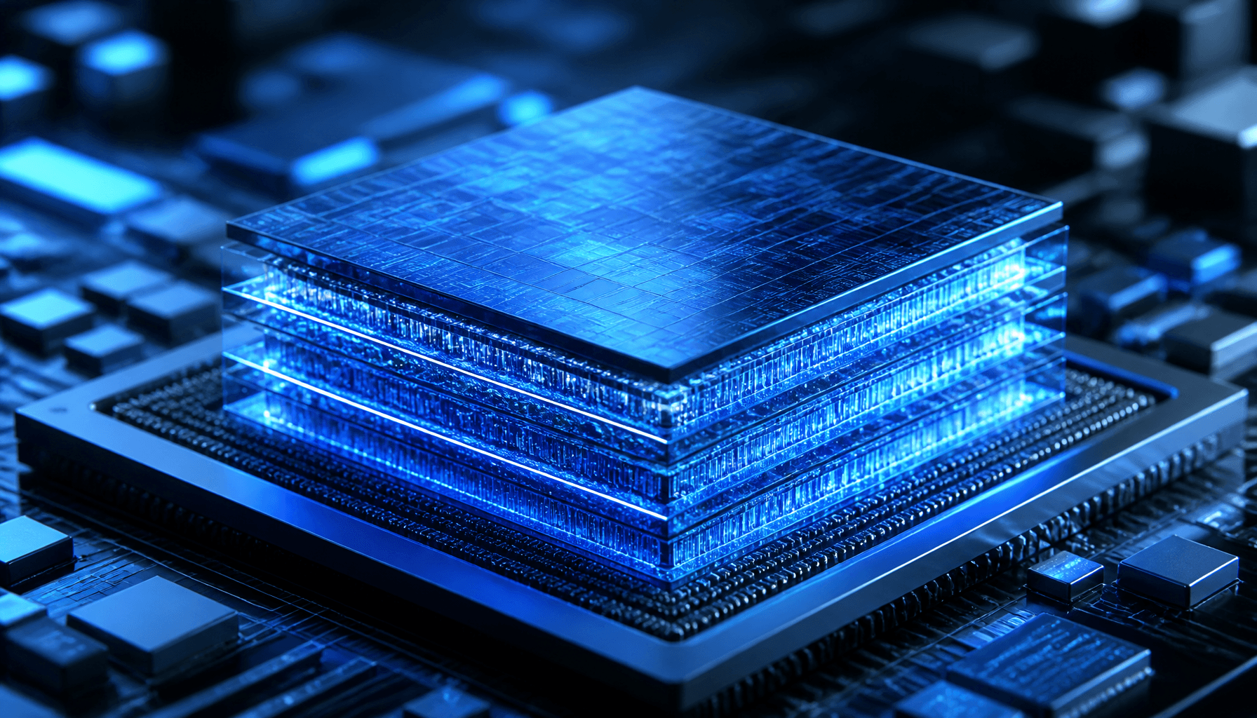 A close-up, high-tech microscopic view of a 3D stacked memory chip, glowing with blue light, represe