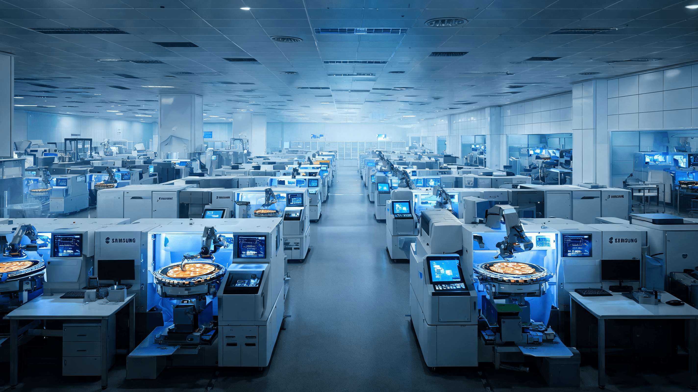 A modern, high-tech Samsung semiconductor factory interior with automated machines and glowing light