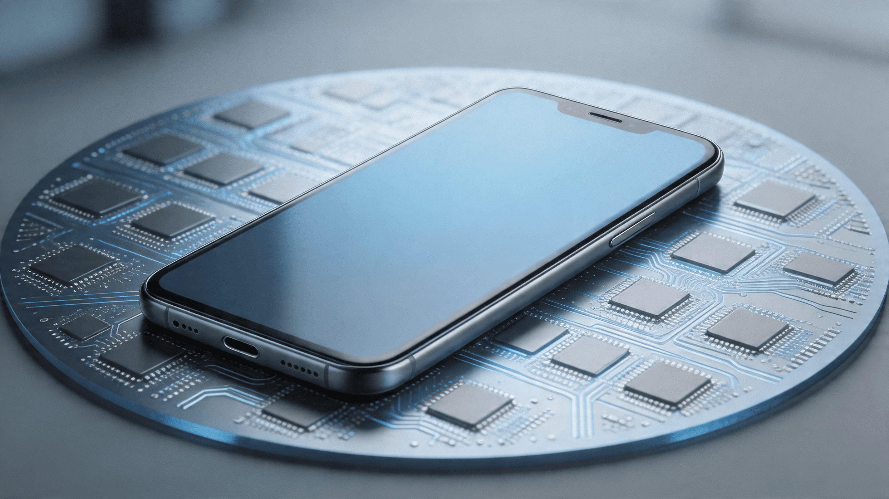 A conceptual photograph of a sleek Samsung-style smartphone resting on a complex semiconductor wafer