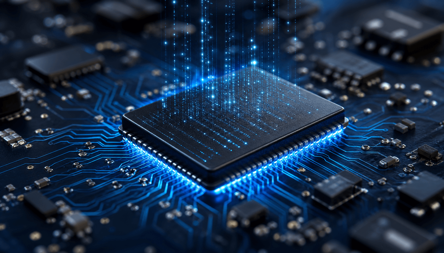 A close-up of a high-tech mobile storage chip on a circuit board, glowing with futuristic data parti