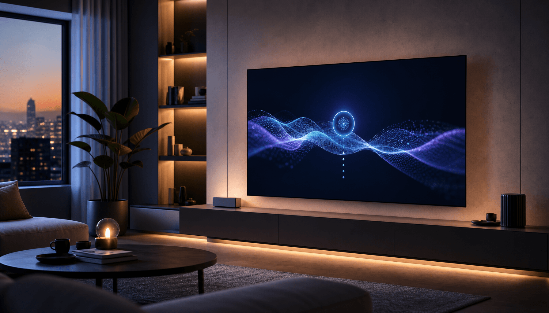 A modern, minimalist living room with a sleek Samsung TV screen displaying subtle AI-generated visua