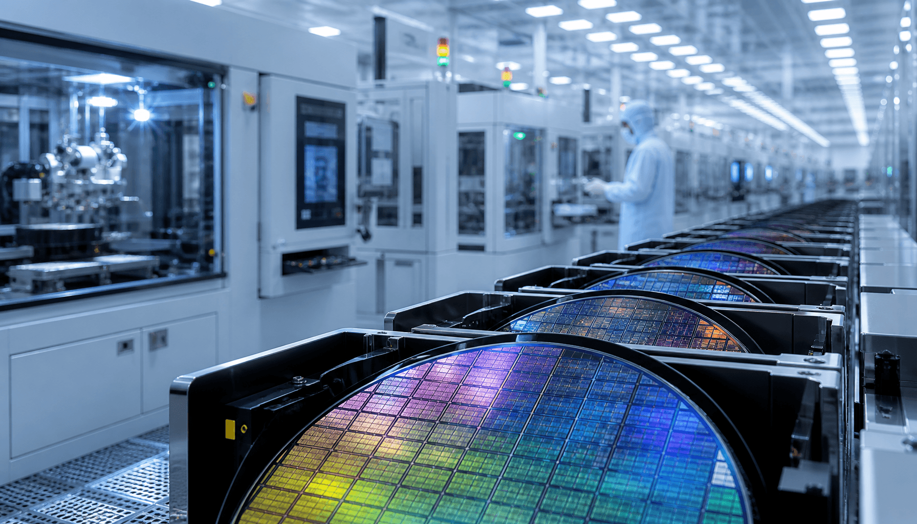 A high-tech semiconductor manufacturing facility with rows of silicon wafers being processed under c