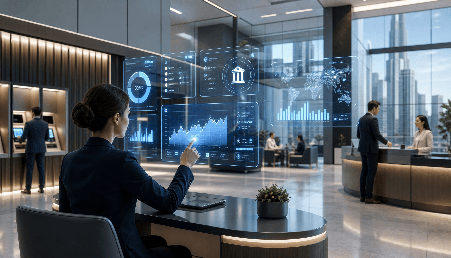 A modern, sleek banking office environment with floating digital holographic interfaces showing data