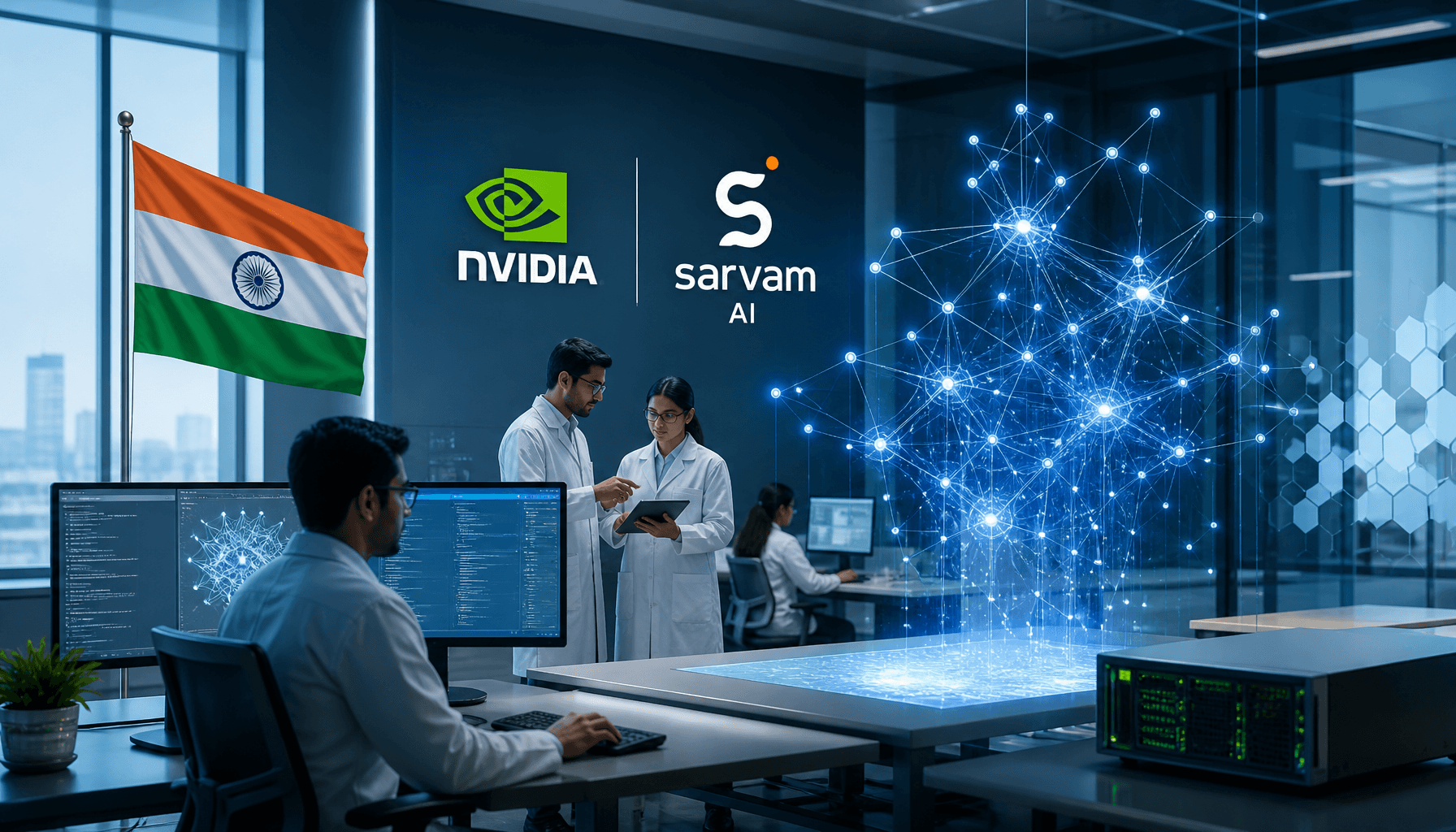 A modern AI research lab, abstract glowing nodes representing neural networks, flags of India and co
