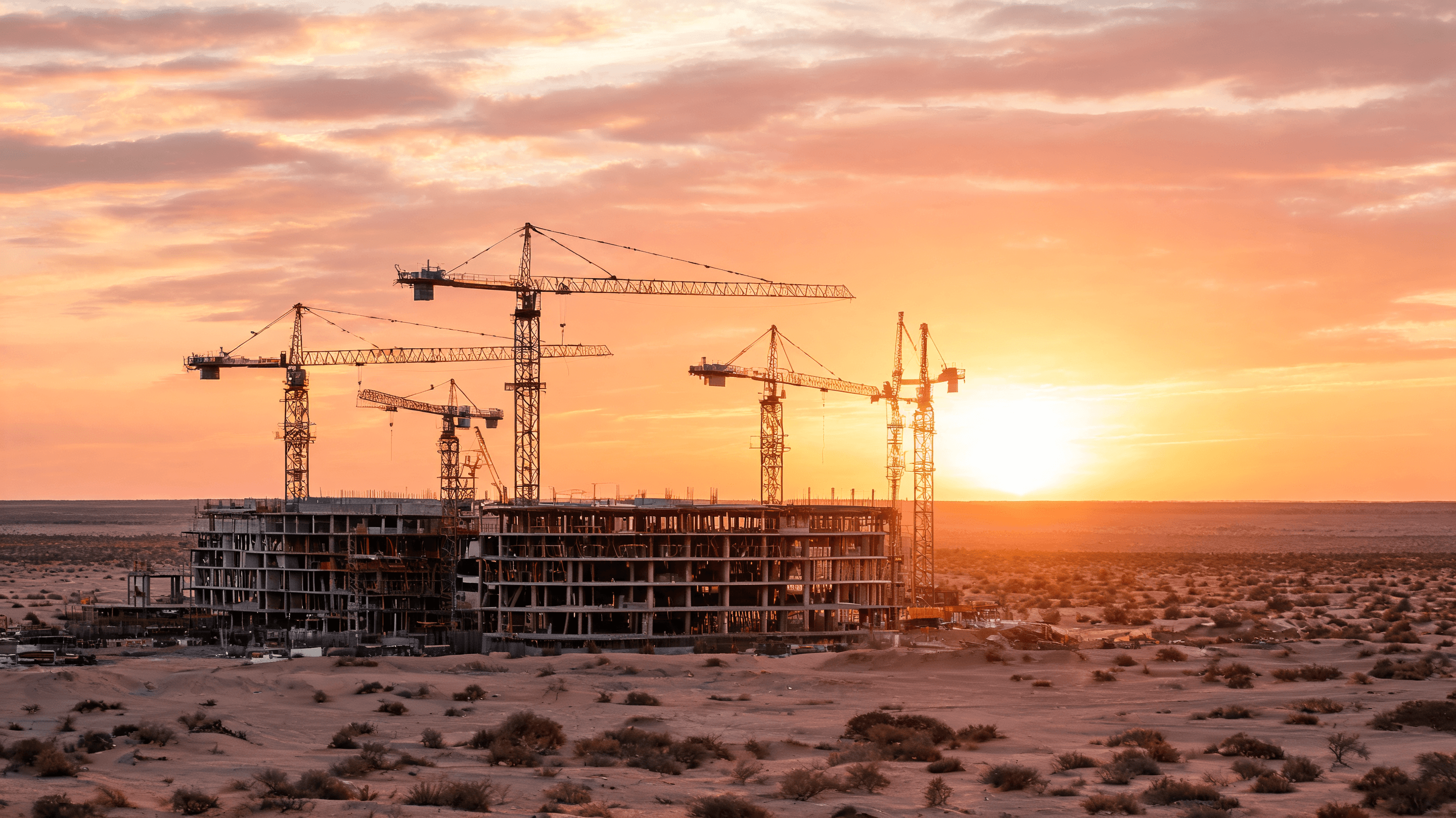 A wide-angle, cinematic shot of a modern, half-constructed architectural site in a desert landscape