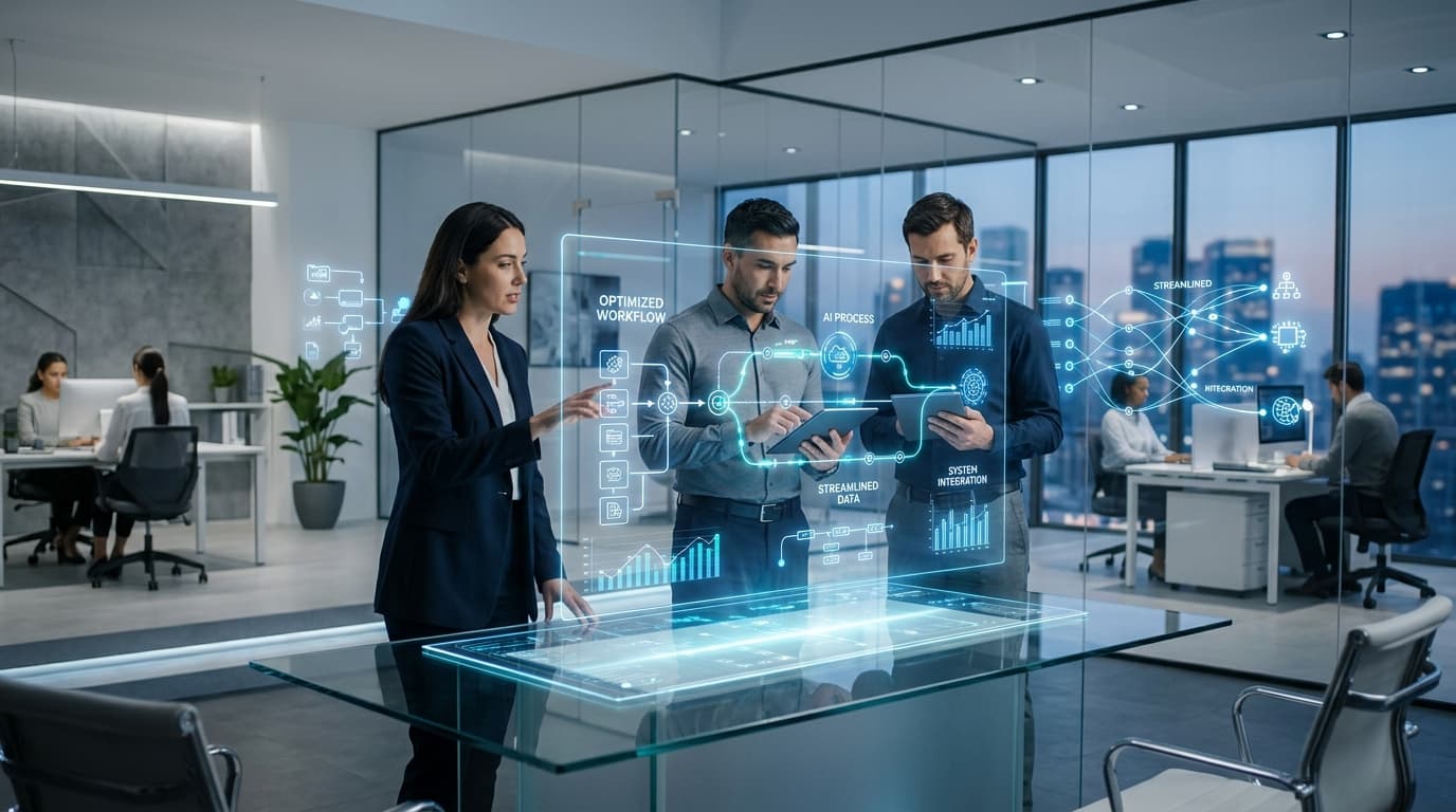 A professional corporate setting with holographic data visualization overlays showing streamlined wo