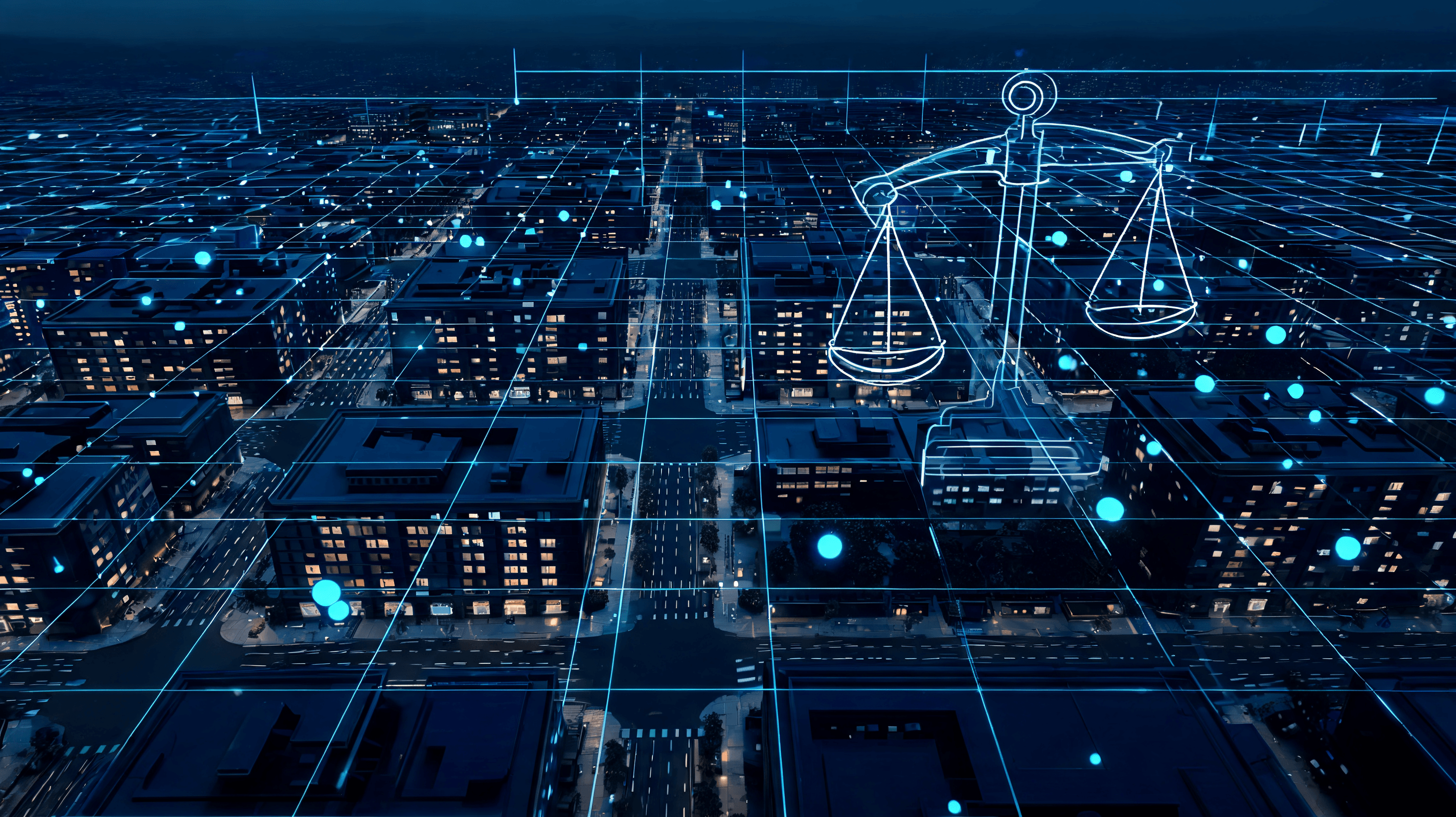 A conceptual image of a digital grid or map overlaying a city block, with translucent, glowing dots