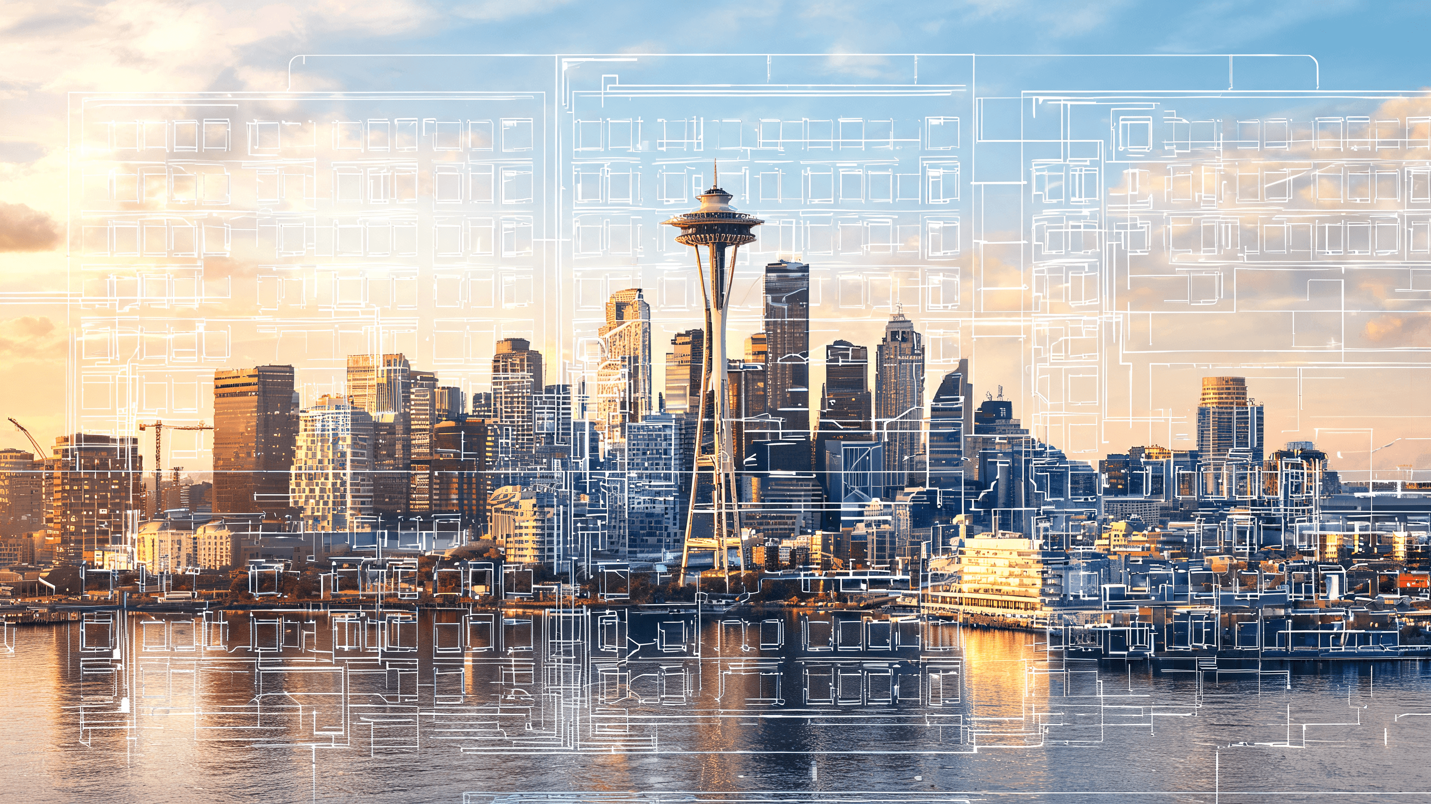 A modern cityscape of Seattle with a semi-transparent architectural plan of a server room overlaying