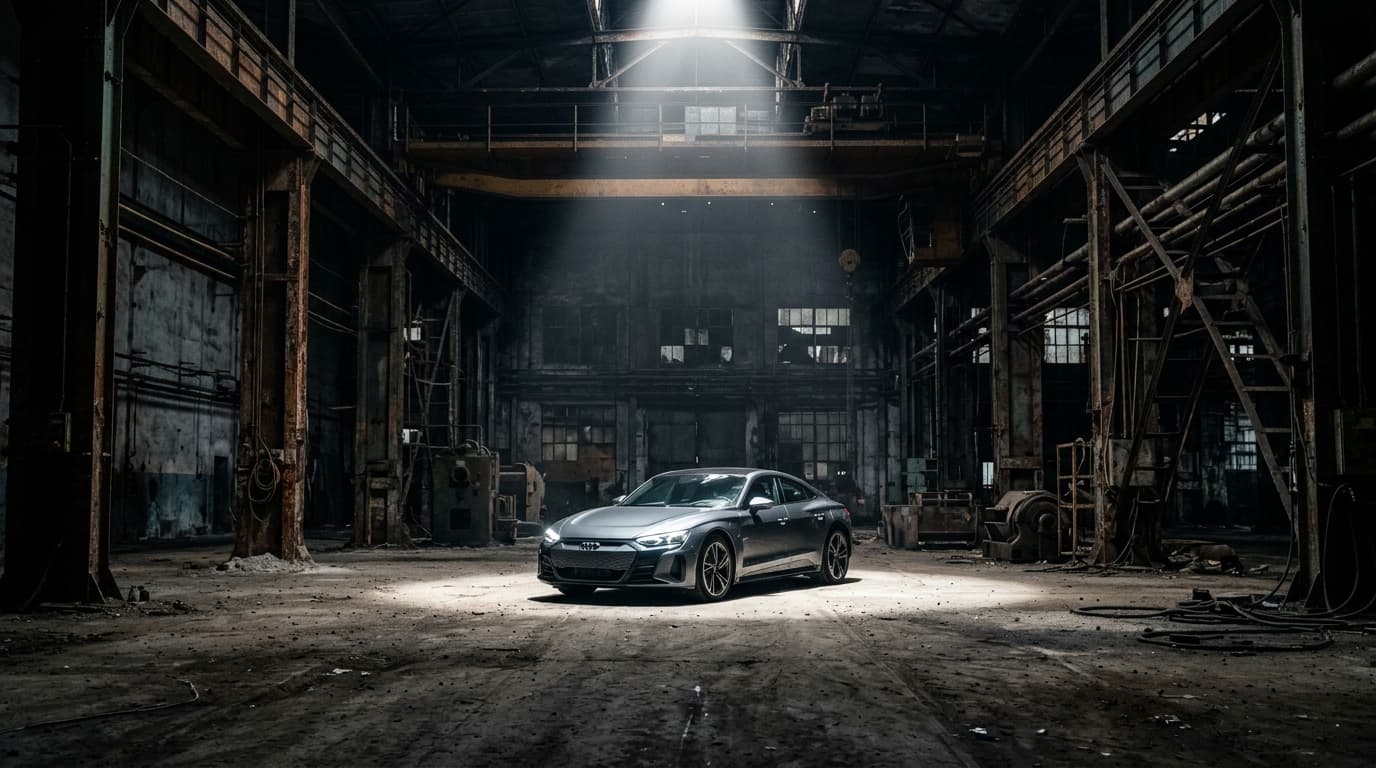 A desolate factory interior with a single luxury electric vehicle in the center, bathed in spotlight