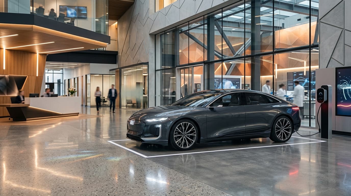 A modern concept electric vehicle sleekly parked in a high-tech facility, soft ambient lighting refl