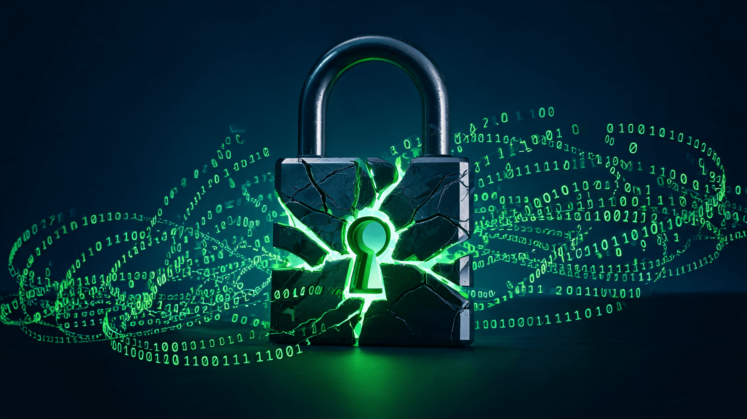Cybersecurity conceptual art: digital lock broken, binary codes, green glowing data streams, dark mo