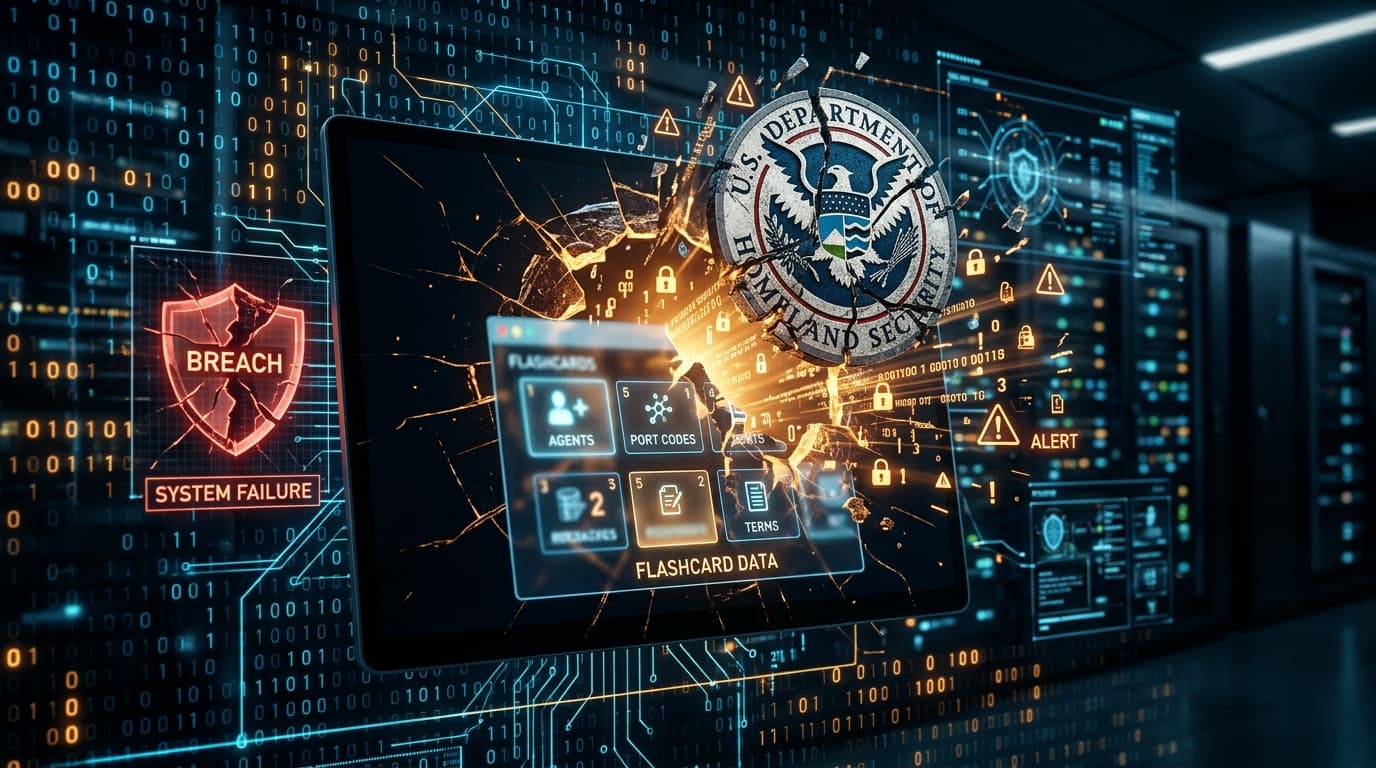 A conceptual image showing a digital security leak, with symbols representing CBP facilities, a scre