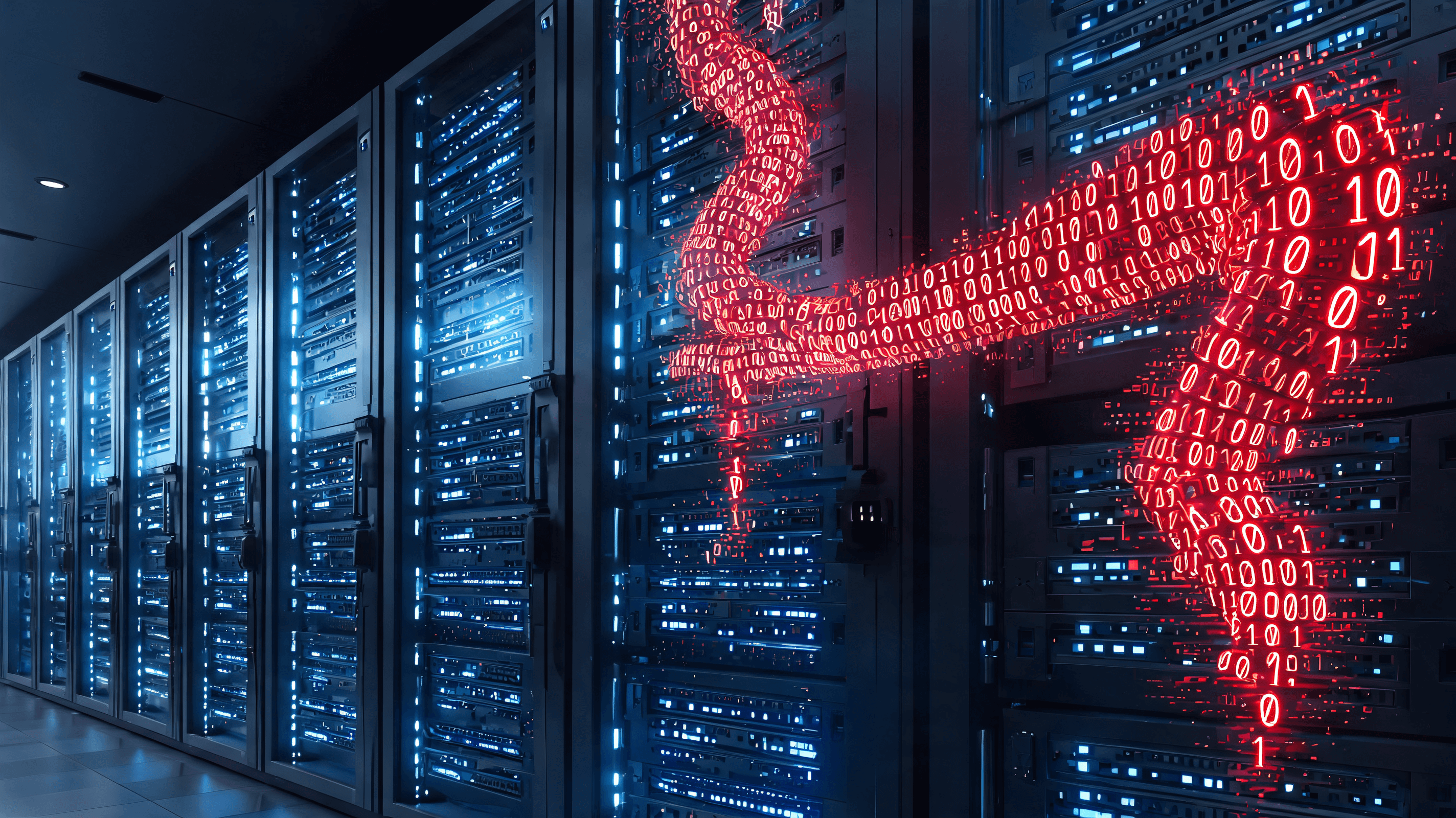 A futuristic digital security landscape showing a glowing, dangerous red 'worm' binary code invading
