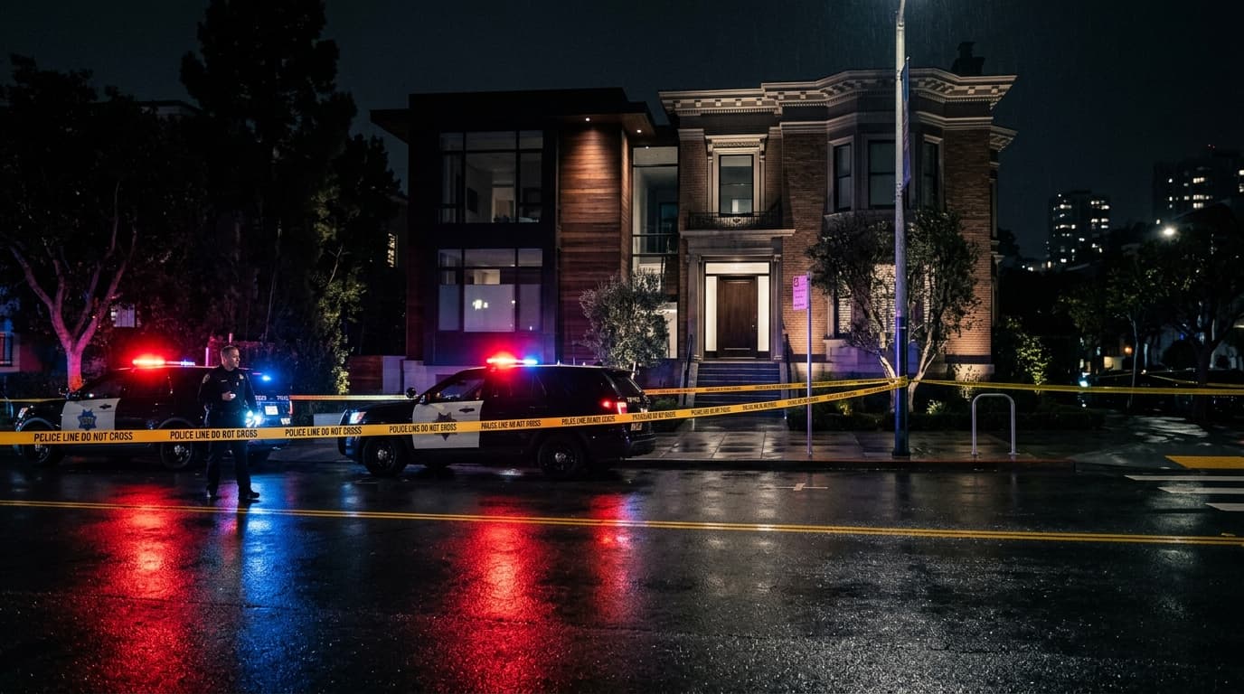 A police-taped perimeter outside a high-end San Francisco house, with flashing emergency lights refl