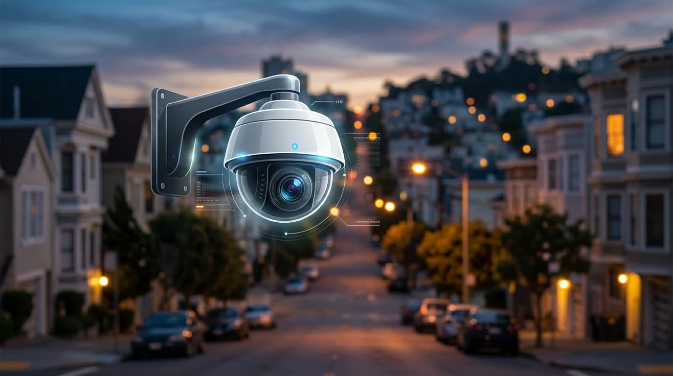 A modern security camera graphic overlaying a blurred residential street scene in San Francisco at t
