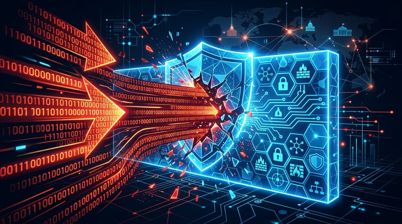 A modern, abstract digital scene depicting a digital security wall being breached by binary code str