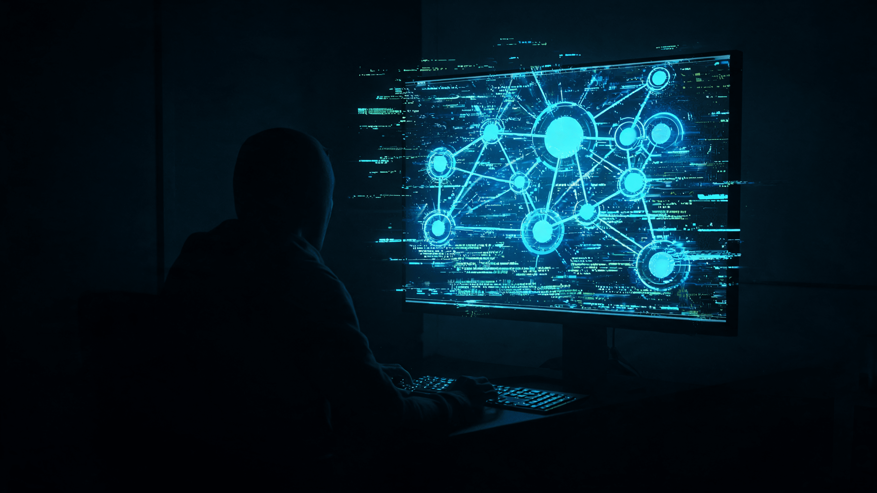 A hacker's silhouette working on a glowing, corrupted computer terminal displaying lines of AI neura