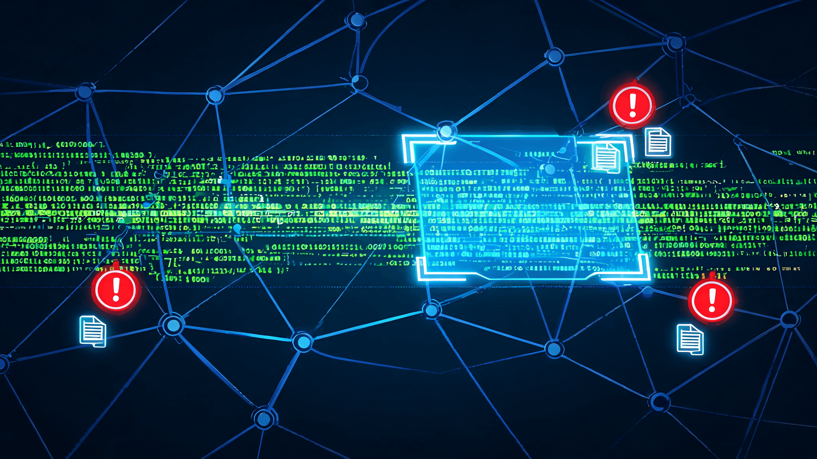 A digital representation of code being scanned by a futuristic AI interface, glowing warnings highli