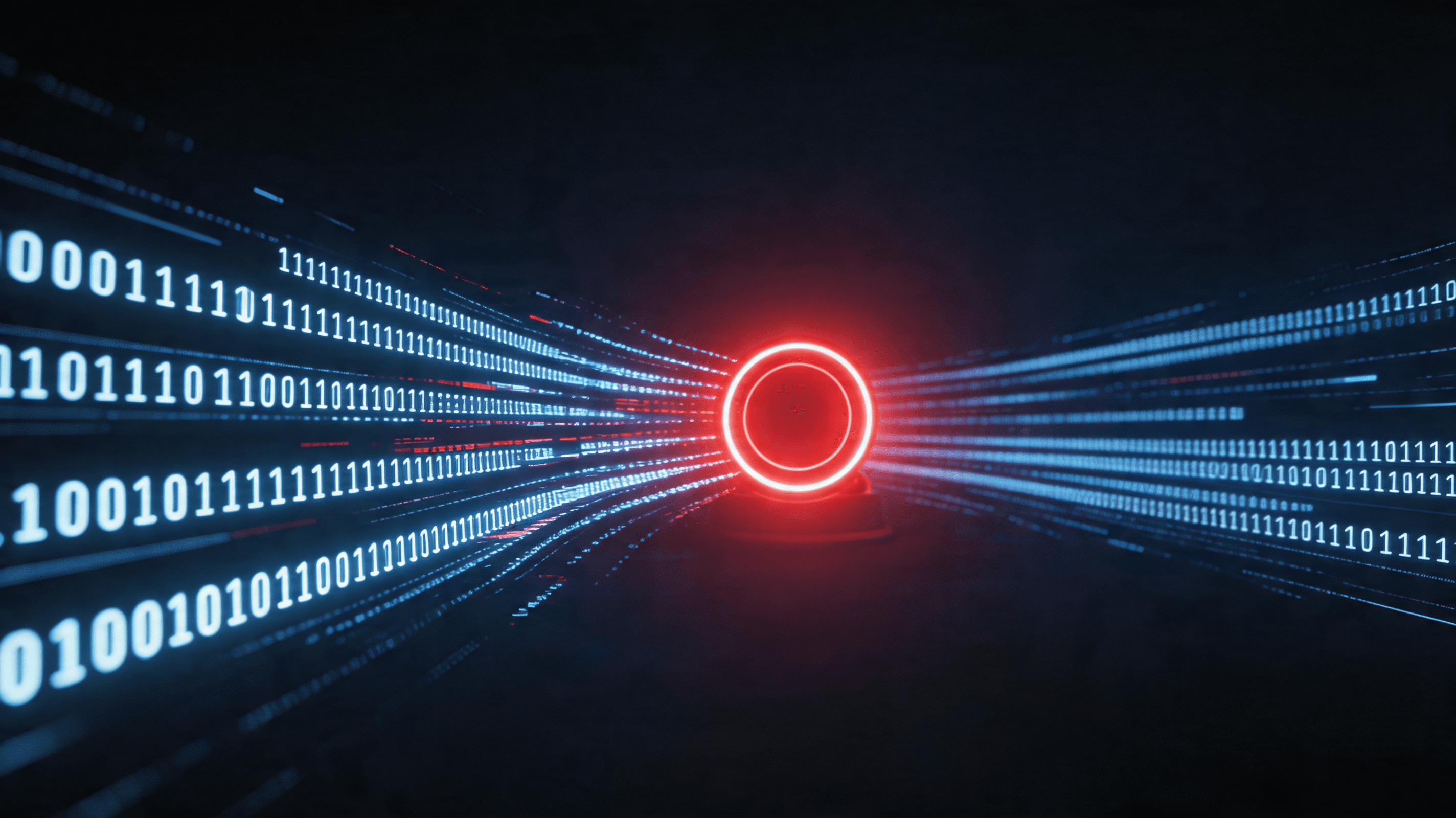 A cybersecurity-themed conceptual image showing digital code streams being manipulated, with a glowi