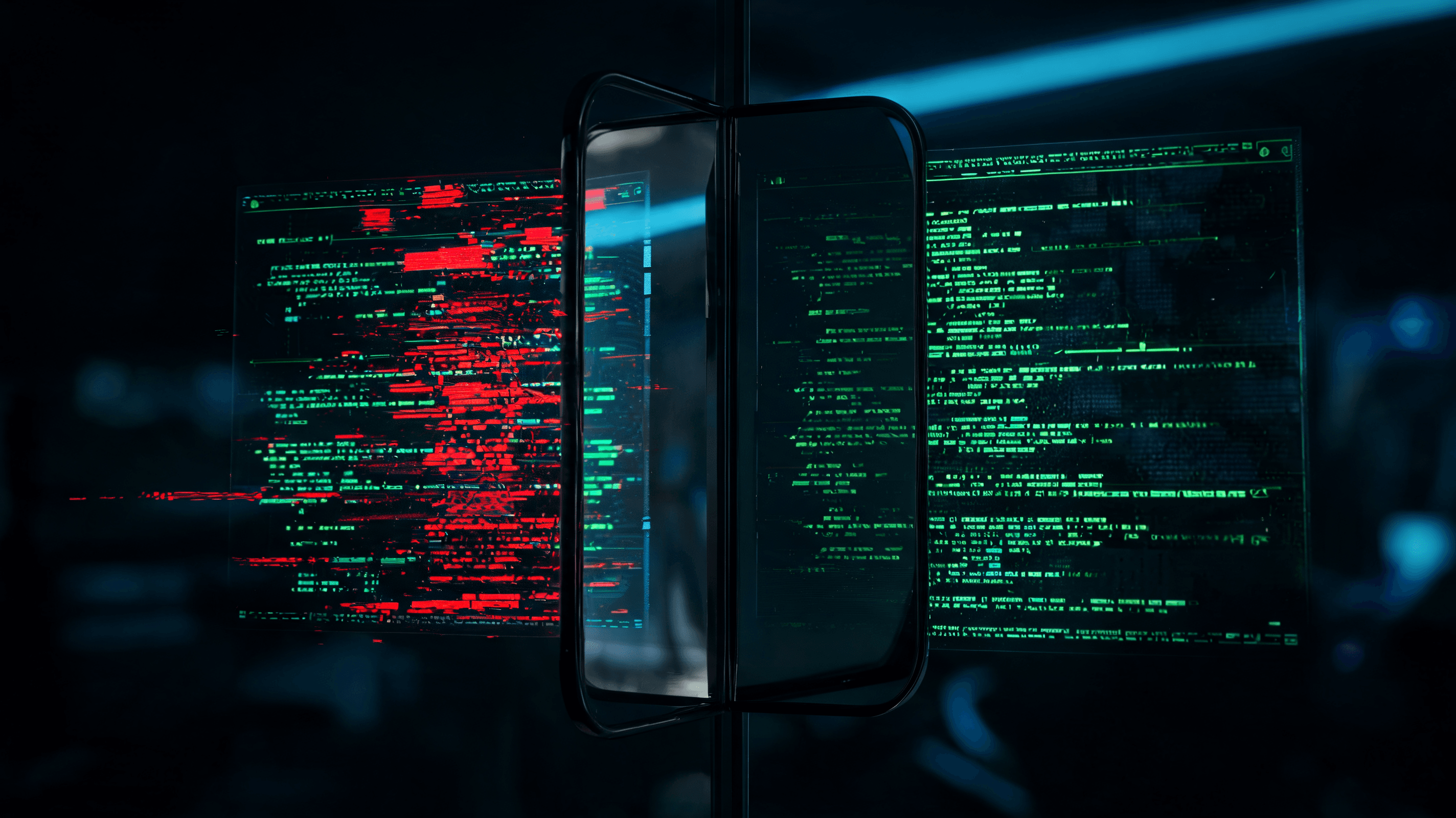 A cinematic shot of a futuristic AI interface reflecting its own code in a mirror, one reflection sh