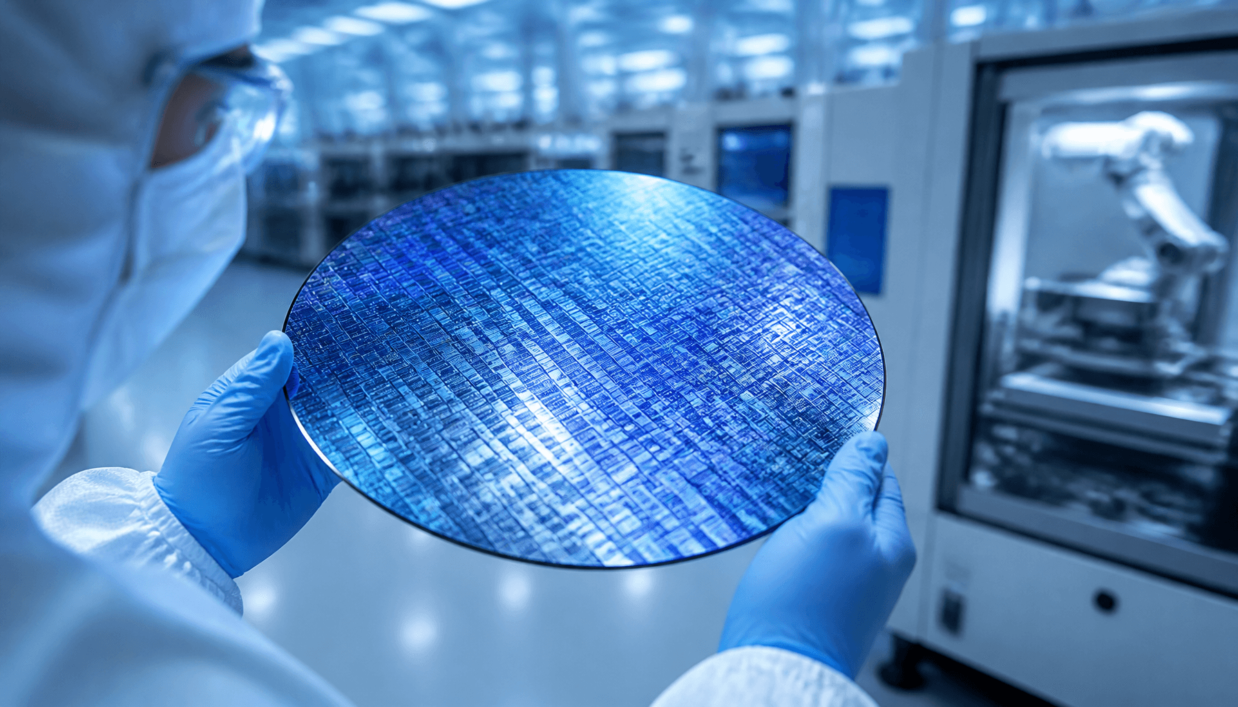 A high-tech semiconductor wafer glowing with blue light in a clean room environment, symbolizing adv