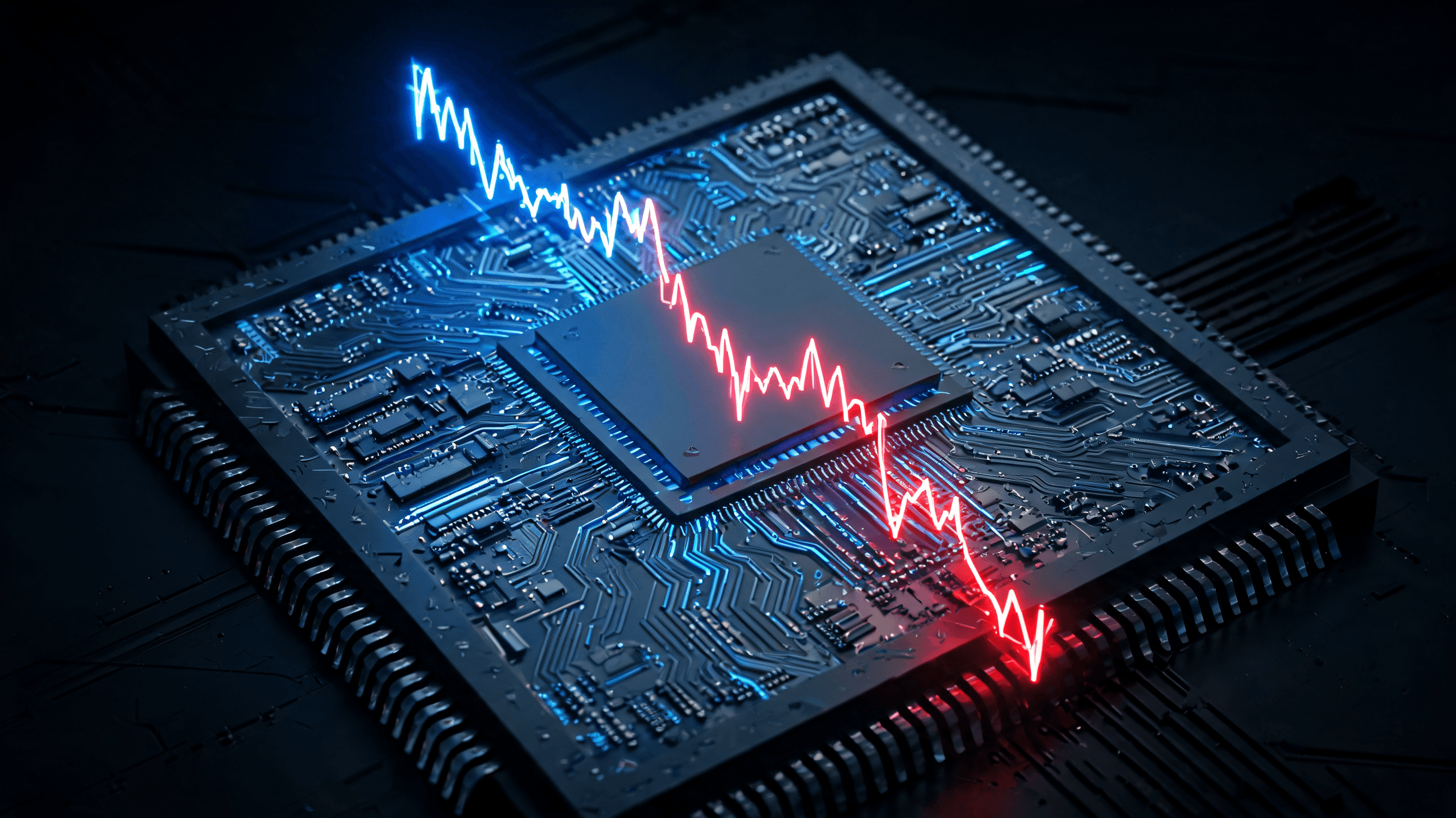 A digital illustration of a falling stock market graph superimposed over a futuristic semiconductor