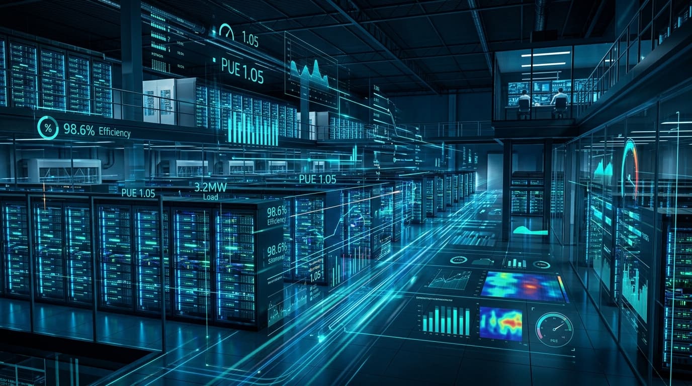 An artistic visualization of a modern, large-scale data center facility with glowing server racks, o