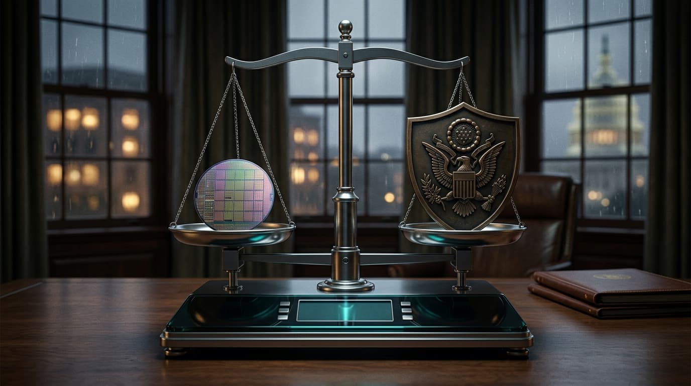 A conceptual photo of a digital scale balancing a silicon chip on one side and a government shield o
