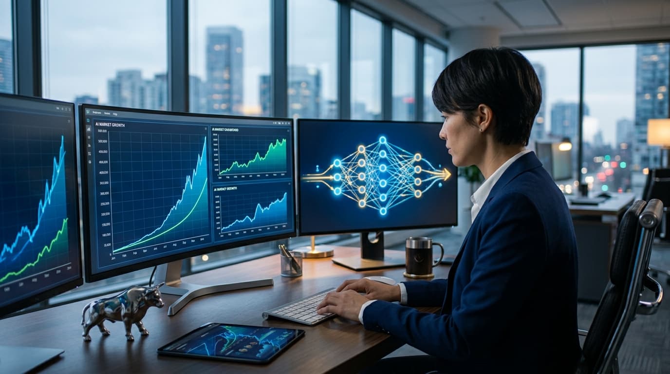 A modern financial investment workspace with charts showing exponential growth curves in AI technolo