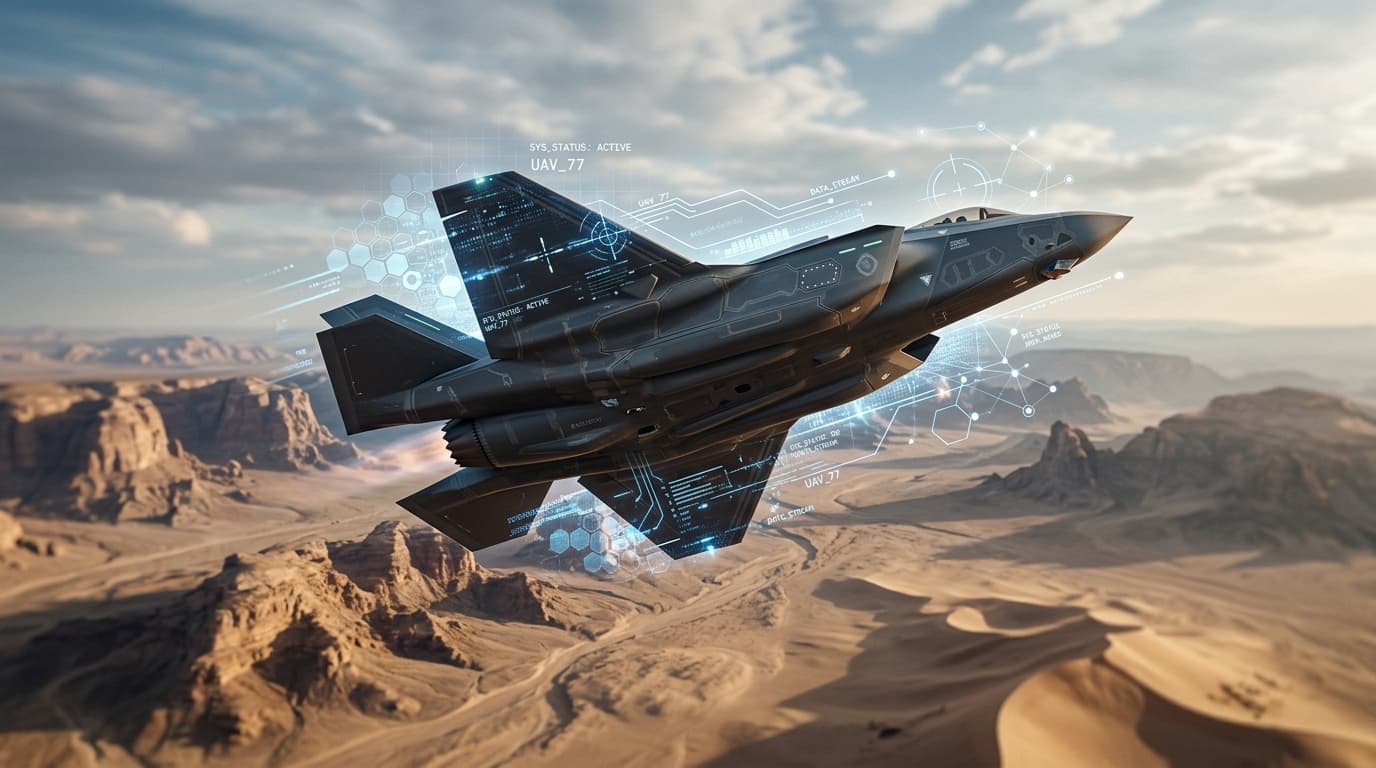 A cinematic shot of a sleek, advanced unmanned fighter jet in flight over a desert landscape, digita