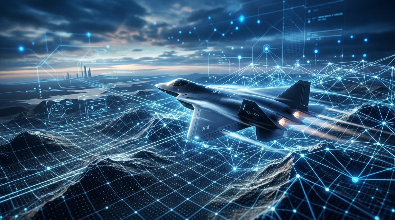 A modern, high-tech defense environment featuring a sleek conceptual fighter jet flying in a digital