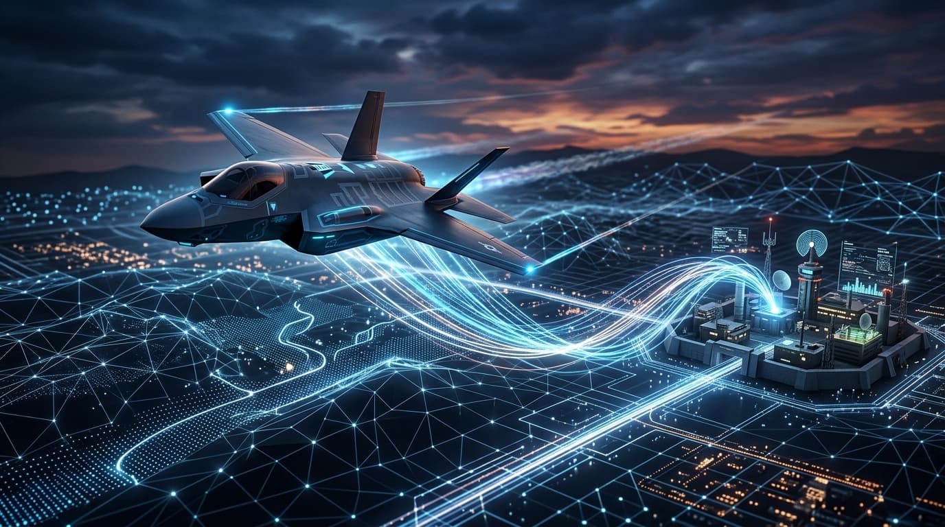 A futuristic autonomous drone fighter jet flying over a digital terrain, sleek military design, dyna