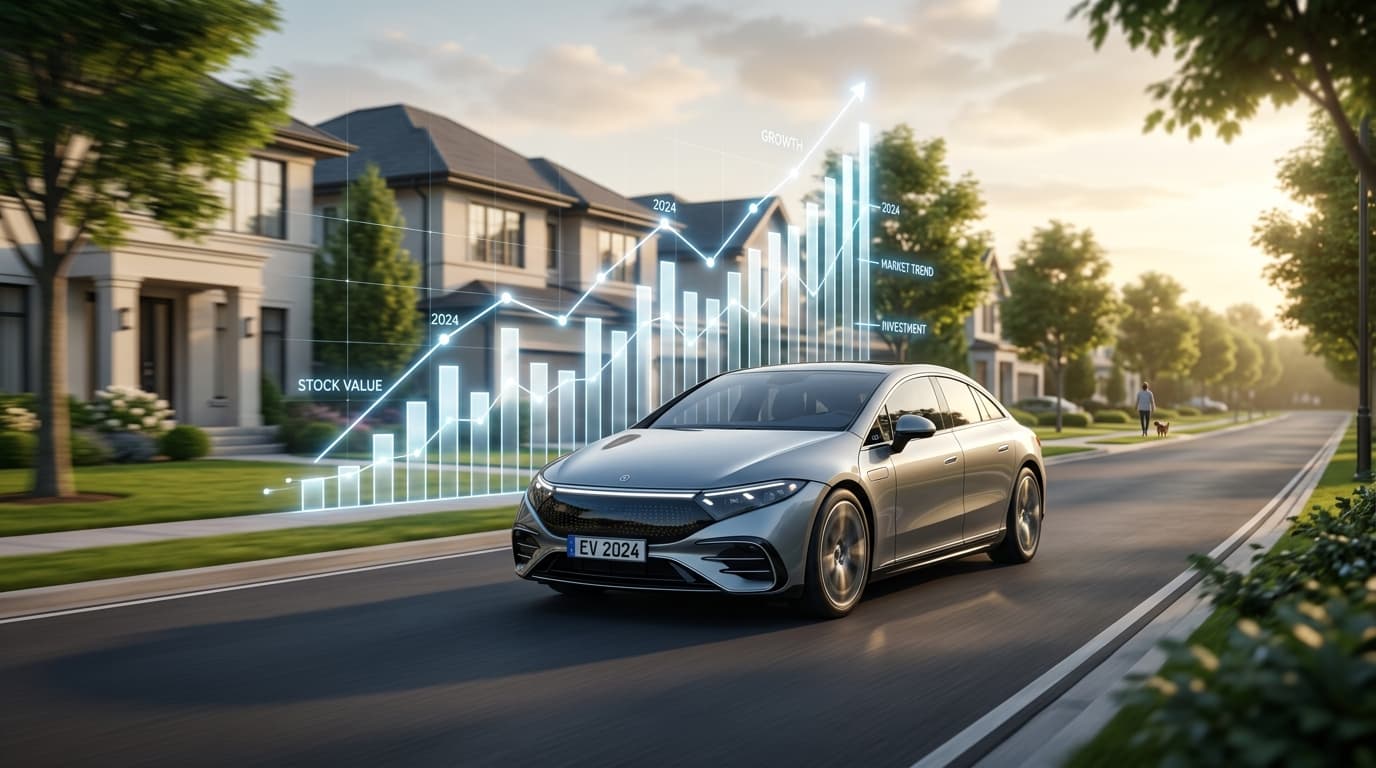 A modern, sleek electric vehicle on a quiet suburban street, soft lighting, financial growth charts