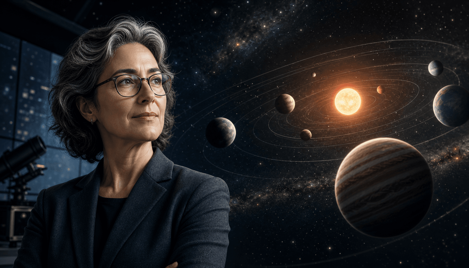 An artistic representation of a planetary system with a portrait of a scientist in the foreground, p
