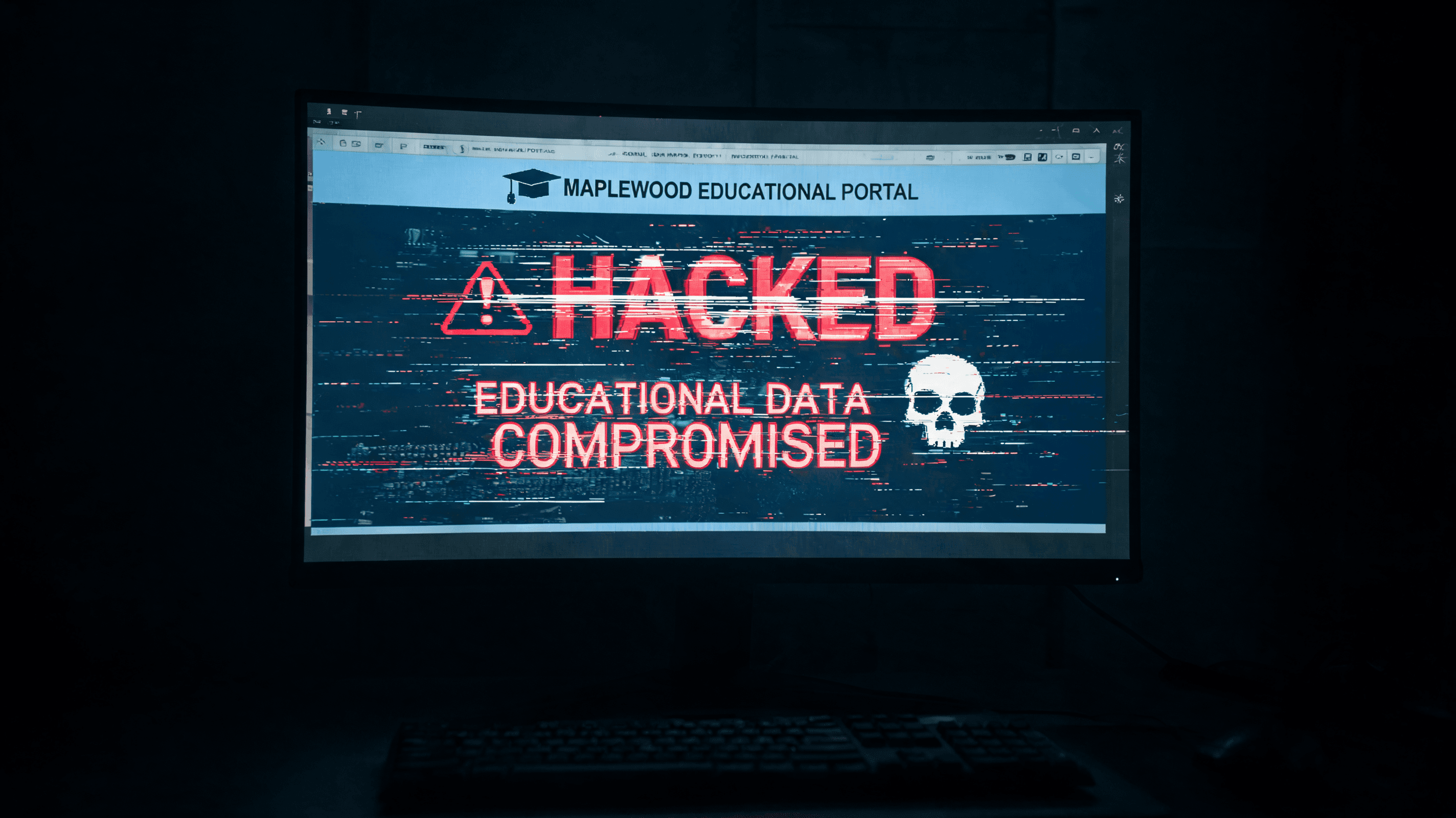 A digital screen displaying a cybersecurity alert, showing a hacker's defacement message on an educa