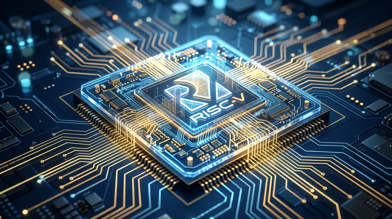 A high-tech conceptual image of an intricate, glowing circuit board resembling a modern semiconducto