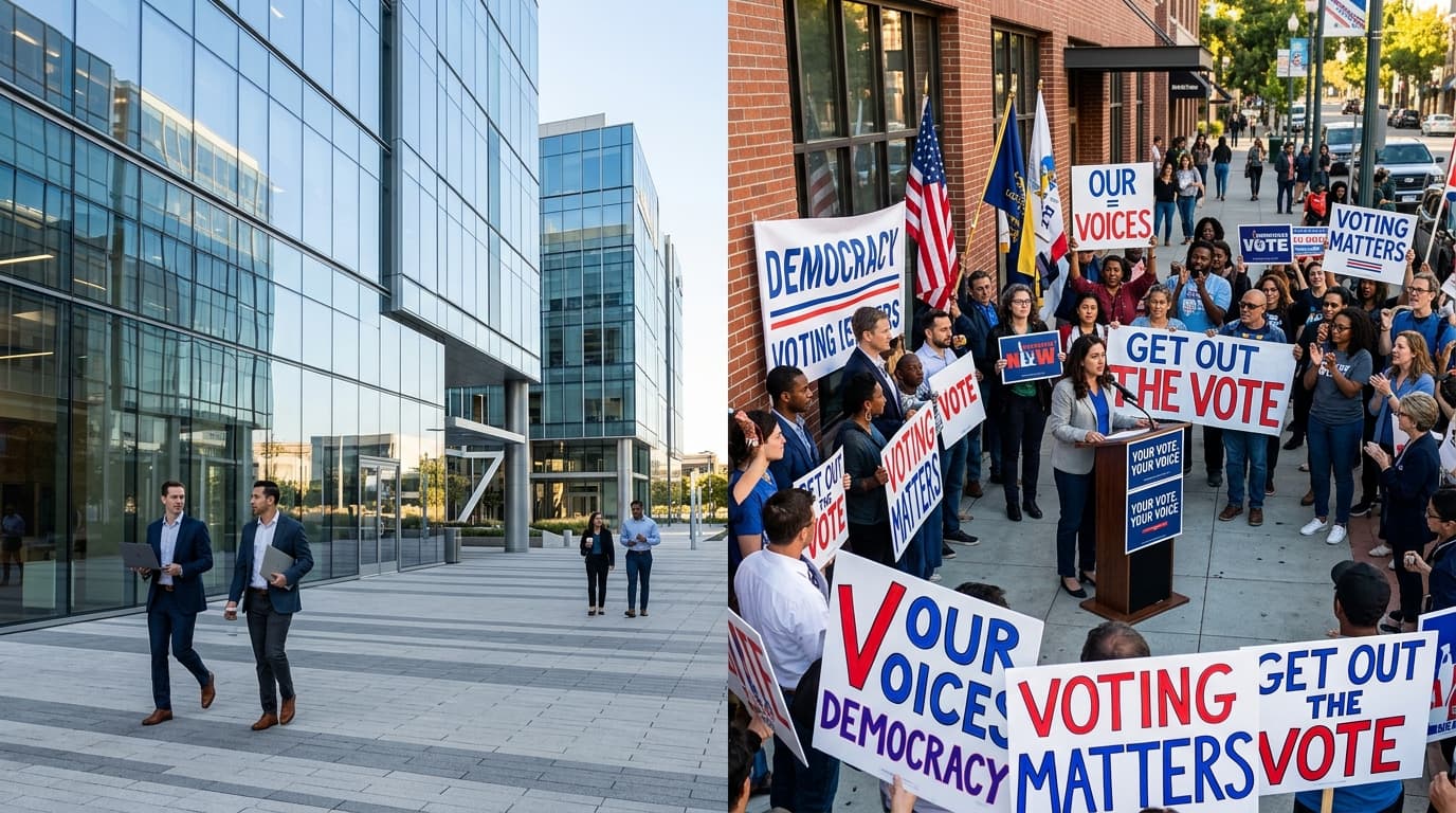 A modern political campaign scene, contrast between Silicon Valley corporate glass buildings and tra