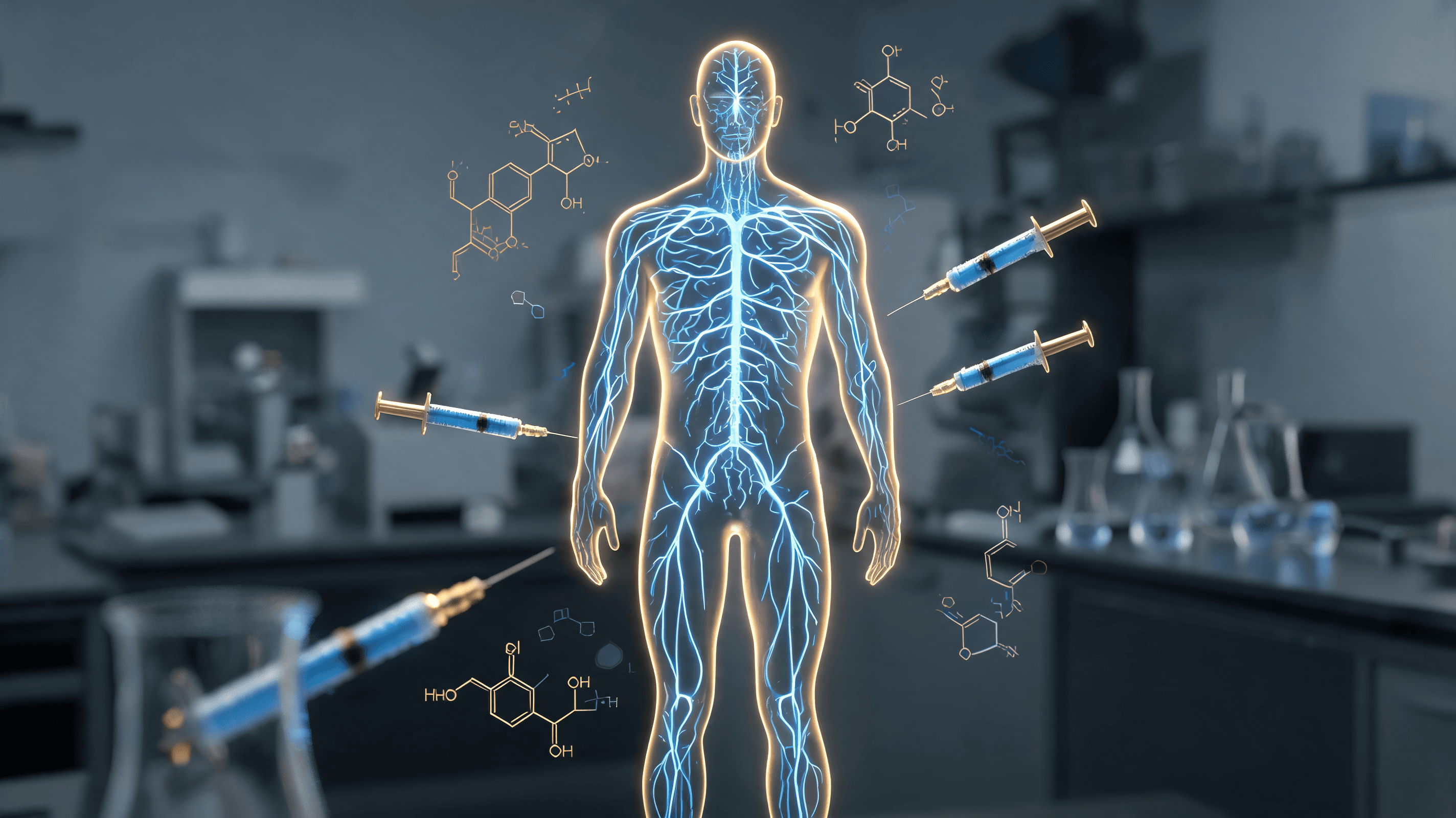 An abstract, high-tech representation of a human silhouette with glowing biological pathways, syring