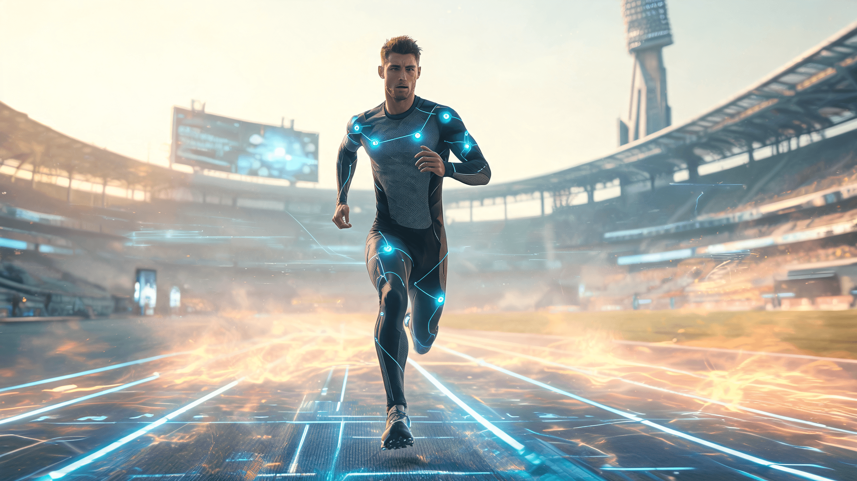 An athlete running on a futuristic track with glowing digital data sensors on their body, contrasted