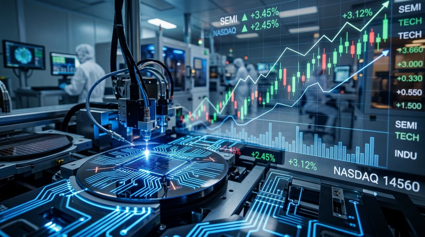 A futuristic semiconductor manufacturing facility with glowing blue circuitry paths, integrated with