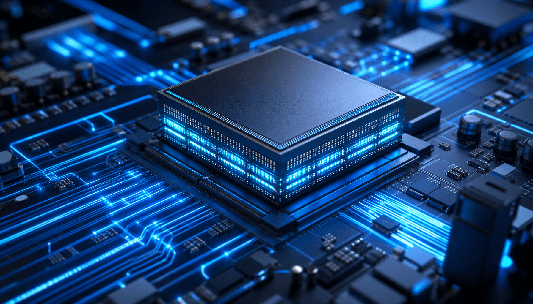 Close-up of a high-bandwidth memory (HBM) chip on a circuit board, neon blue data lines pulsing, hig
