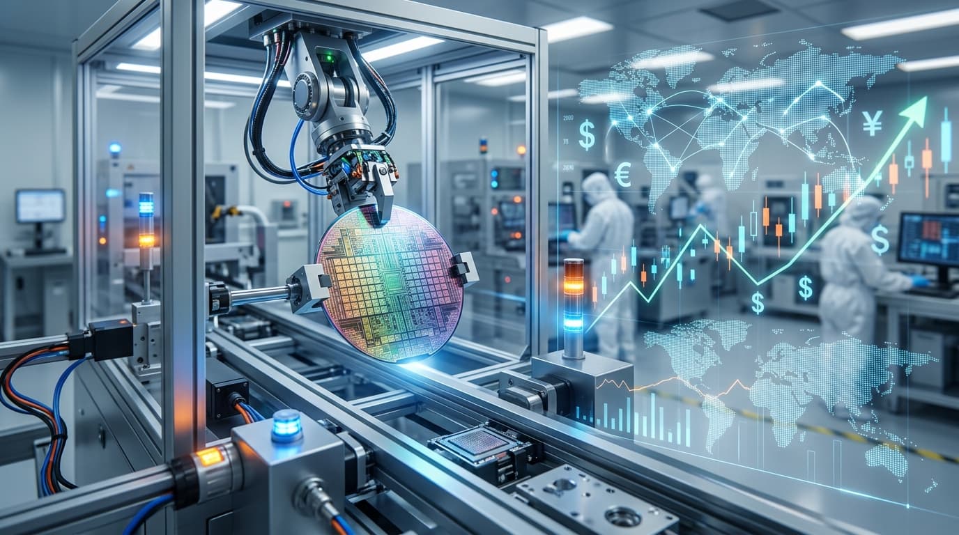 A modern, high-tech silicon wafer being produced on an automated manufacturing line, with stylized g