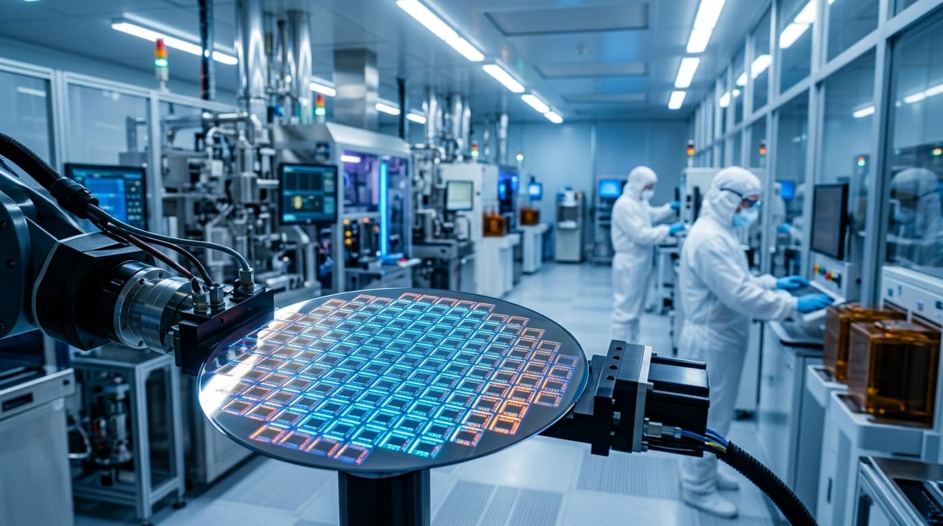 A high-tech semiconductor fabrication plant, with close-up imagery of a silicon wafer and memory chi
