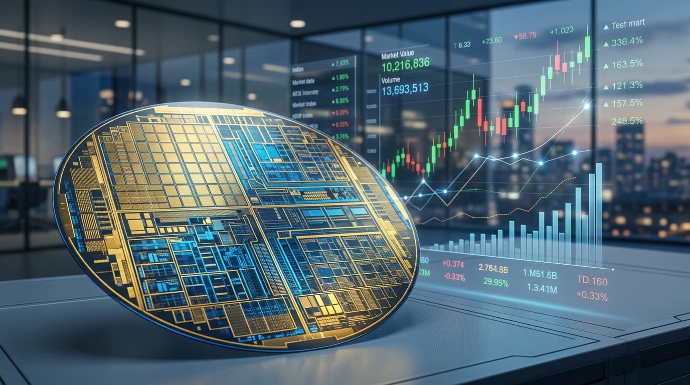 An artistic visualization of a semiconductor wafer with gold and blue circuits, with financial chart