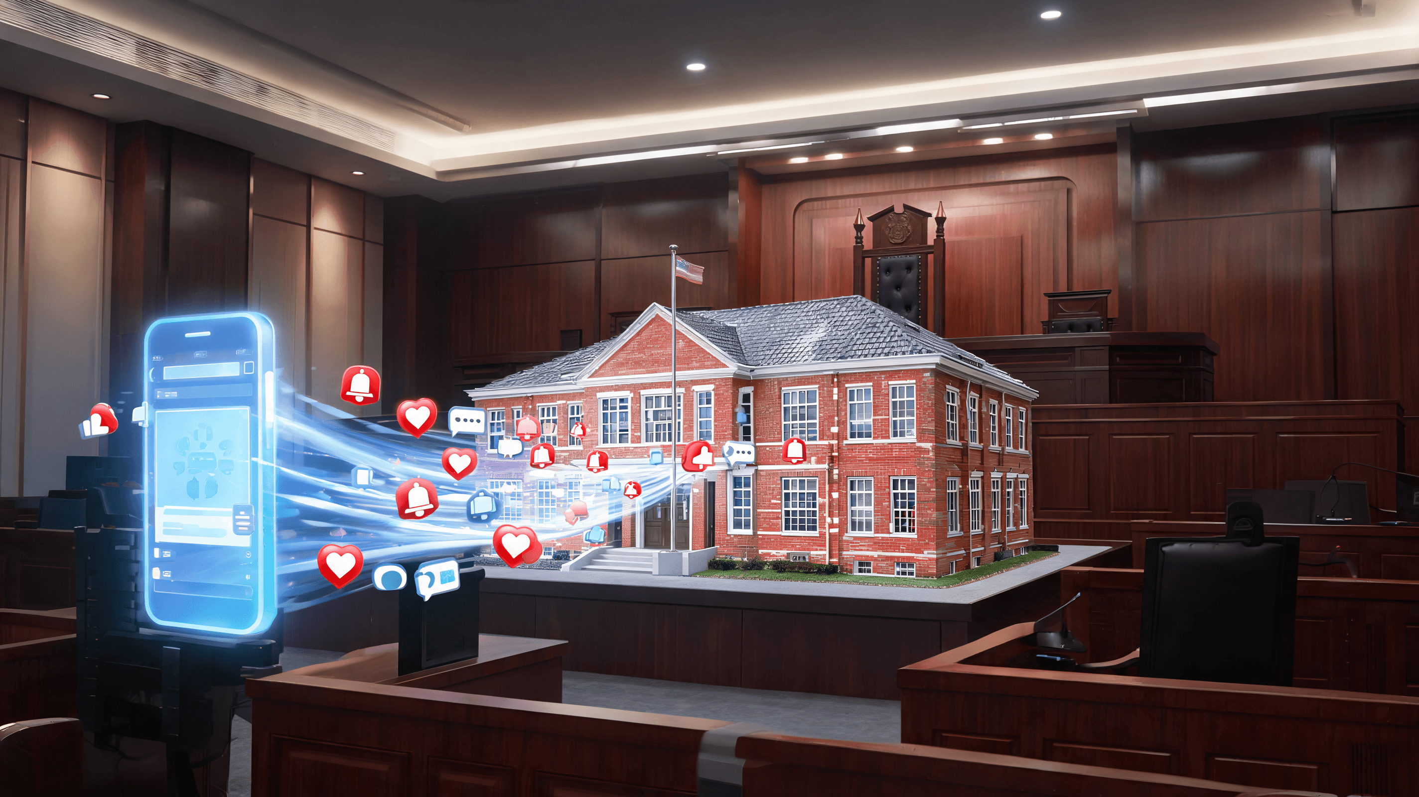 A courtroom graphic showing abstract digital interface elements (likes, notification icons) flowing