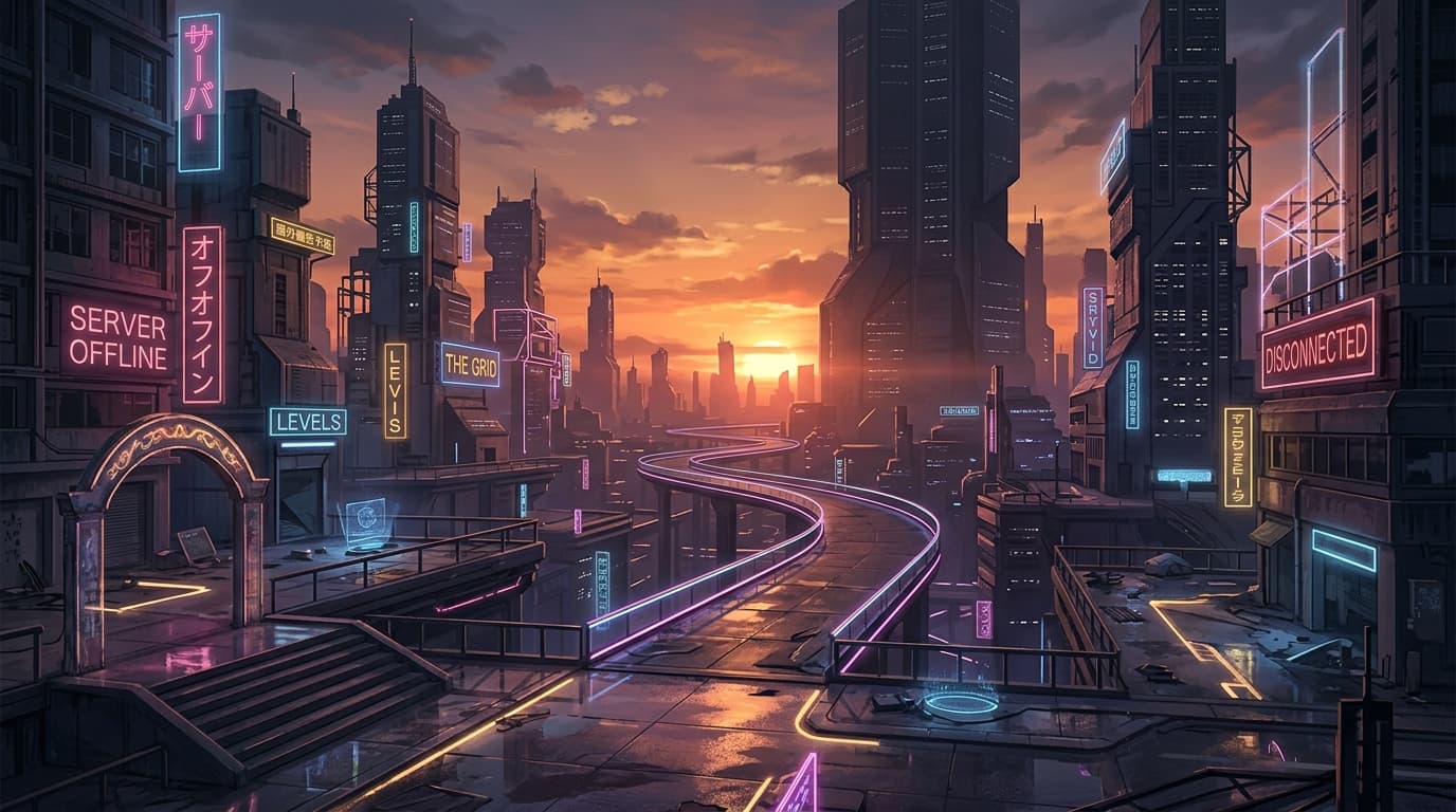 An empty virtual game world, abandoned neon-lit structures, sunset aesthetic, nostalgic and slightly